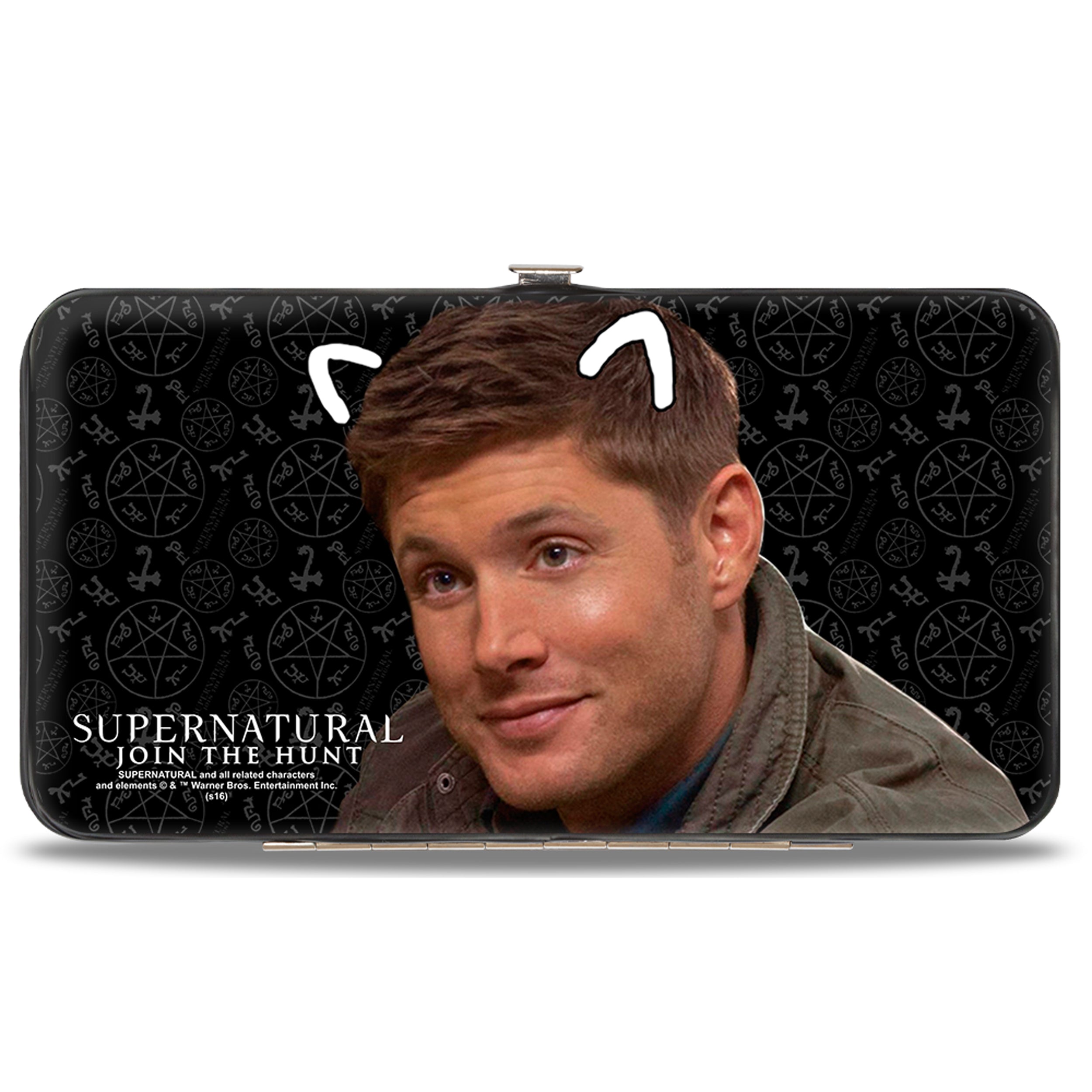 Hinged Wallet - SUPERNATURAL Sam Moose + Dean Sqirrel Poses Scattered Symbols Black Gray White