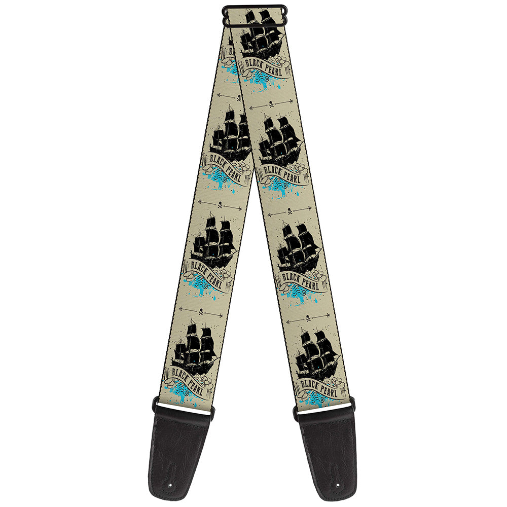 Guitar Strap - BLACK PEARL Ship Tattoo Splatter White Black Blue