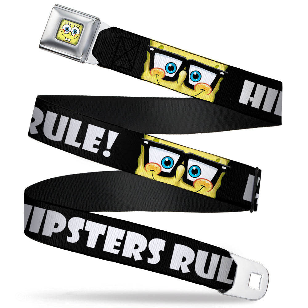 Sponge Bob Face CLOSE-UP Full Color Seatbelt Belt - SpongeBob Nerd HIPSTERS RULE! Black/White Webbing