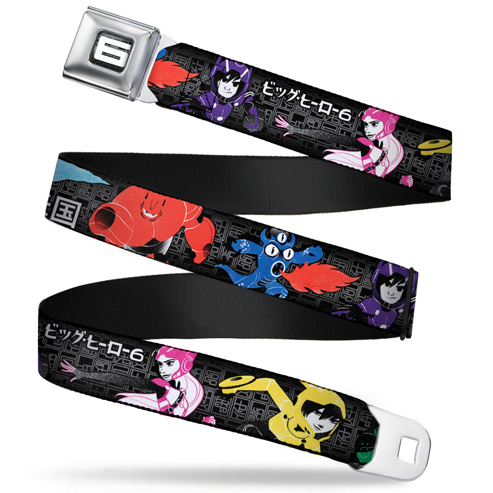 Big Hero "6" Name Blocks Full Color Black Gray White Seatbelt Belt - Big Hero 6 Group Action Pose/Name Blocks Black/Gray/Multi Color Webbing