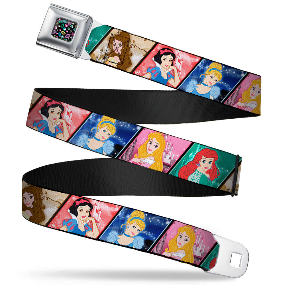 Princess Jewels Full Color Black Multi Color Seatbelt Belt - Disney Princess Poses/Castle Blocks Webbing