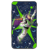 Hinged Wallet - Toy Story Buzz Lightyear Flight Pose + Space Ranger Logo Icons Blues Greens