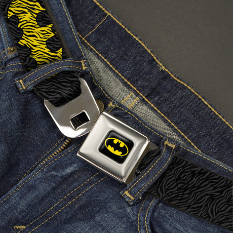 Batman Full Color Black Yellow Seatbelt Belt - Zebra Bat Signal Black/Gray/Yellow/Black Webbing