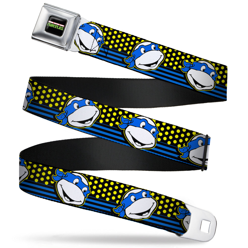 Classic TMNT Logo2 Full Color Seatbelt Belt - Classic TMNT Leonardo Expression Dots/Stripes Black/Yellow/Blue/White Webbing