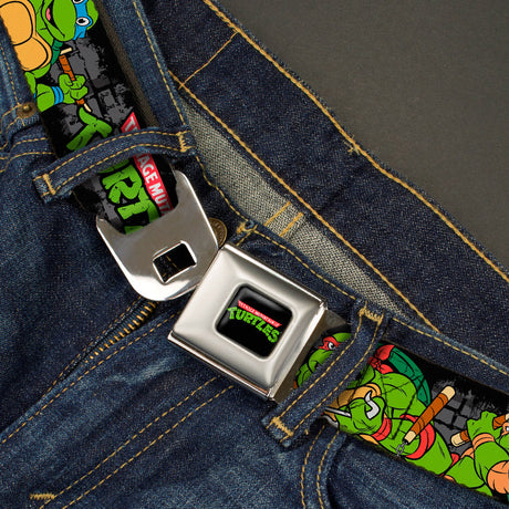 Classic TMNT Logo Full Color Seatbelt Belt - Classic TEENAGE MUTANT NINJA TURTLES Group Pose4 in Sewer/TMNT Logo Webbing