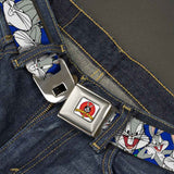 Looney Tunes Logo Full Color White Seatbelt Belt - Bugs Bunny CLOSE-UP Poses Blue Webbing