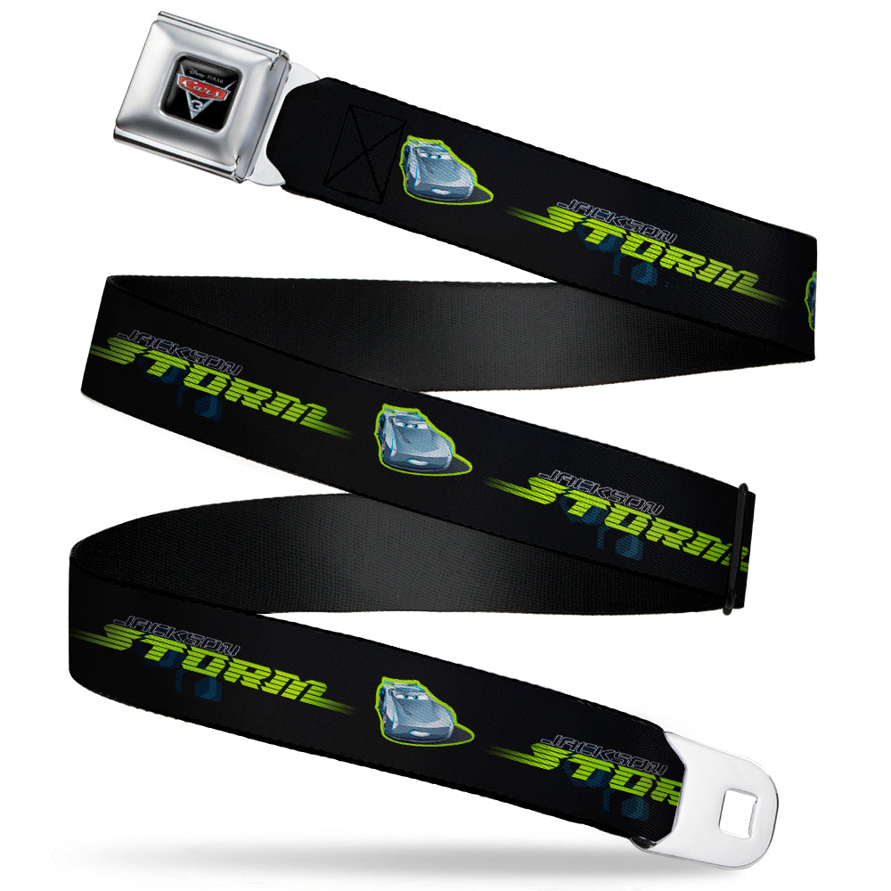 CARS 3 Emblem Full Color Black Silver Red Seatbelt Belt - Cars 3 JACKSON STORM Pose/STRIPE Black/Greens Webbing