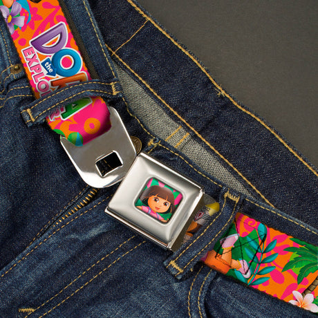 Dora Pose Full Color Pink/Green Seatbelt Belt - DORA THE EXPLORER Dora Poses/Floral Collage Orange/Pink Webbing