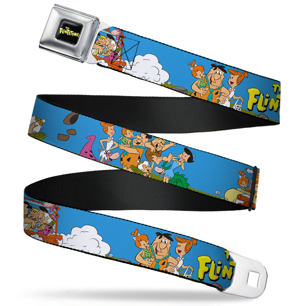 THE FLINTSTONES Logo Full Color Black Yellow Seatbelt Belt - The Flintstones and Rubbles Group Pose/Logo Blue Webbing