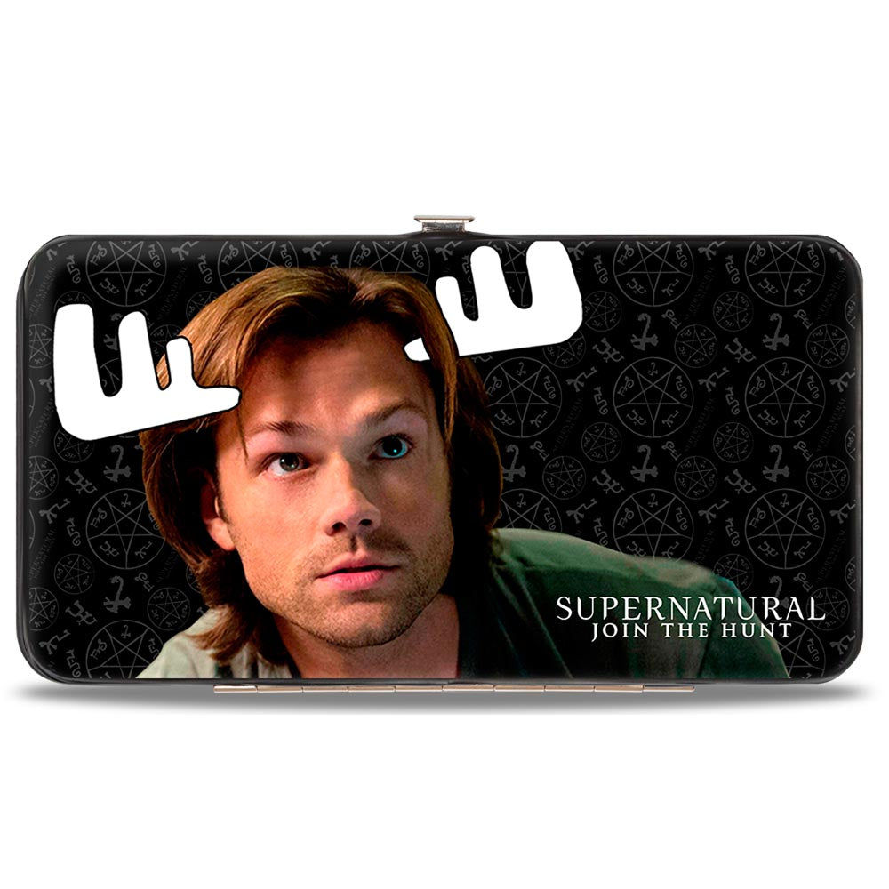 Hinged Wallet - SUPERNATURAL Sam Moose + Dean Sqirrel Poses Scattered Symbols Black Gray White