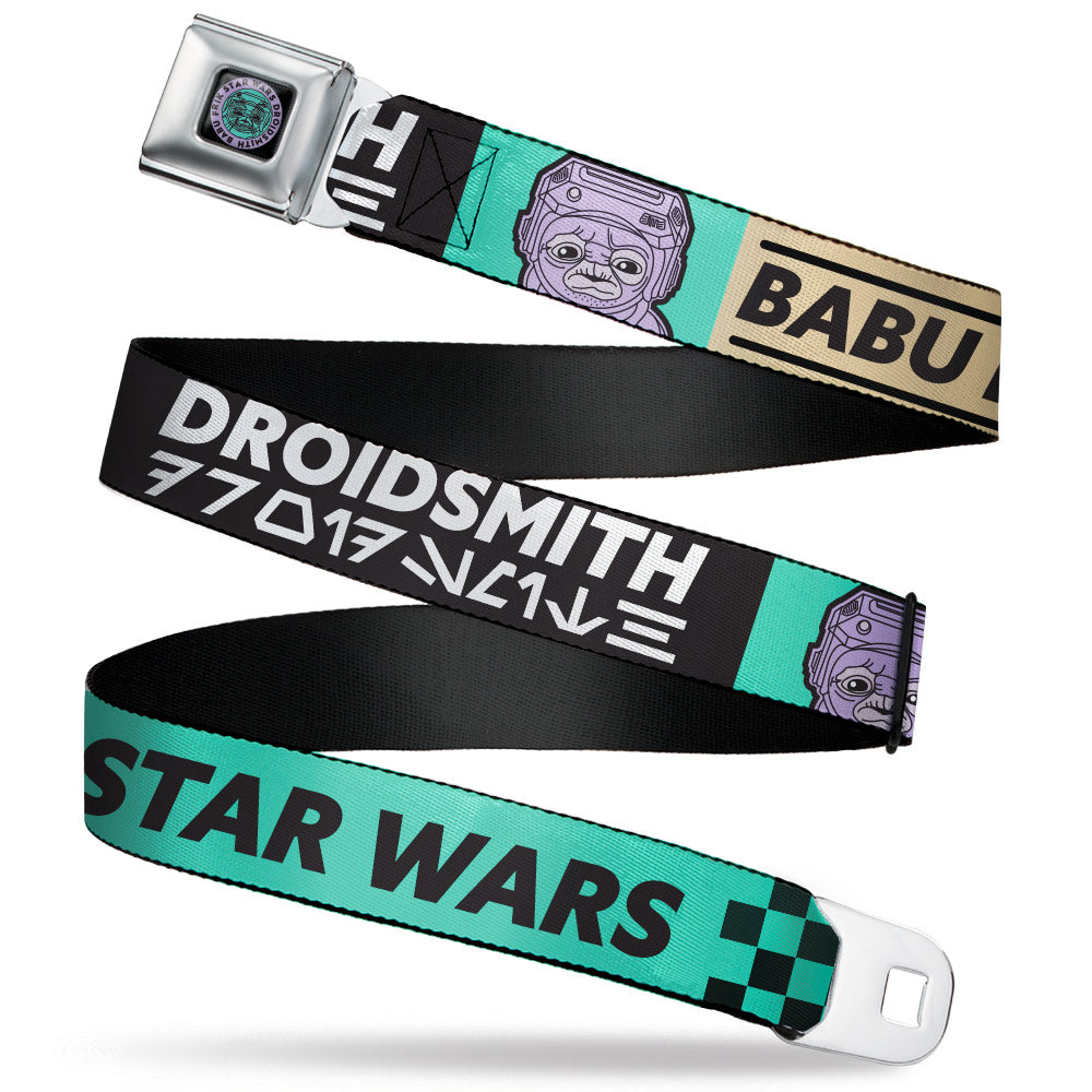 Star Wars DROIDSMITH BABU FRIK Face Badge Full Color Black/Purple/Teal Seatbelt Belt - Star Wars DROIDSMITH BABU FRIK Pose/Checker Teal/Black Webbing