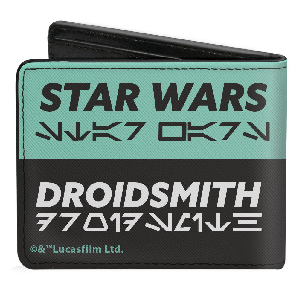 Bi-Fold Wallet - Star Wars BABU FRIK Pose + STAR WARS DROIDSMITH Aurebesh Checker Teal Black White