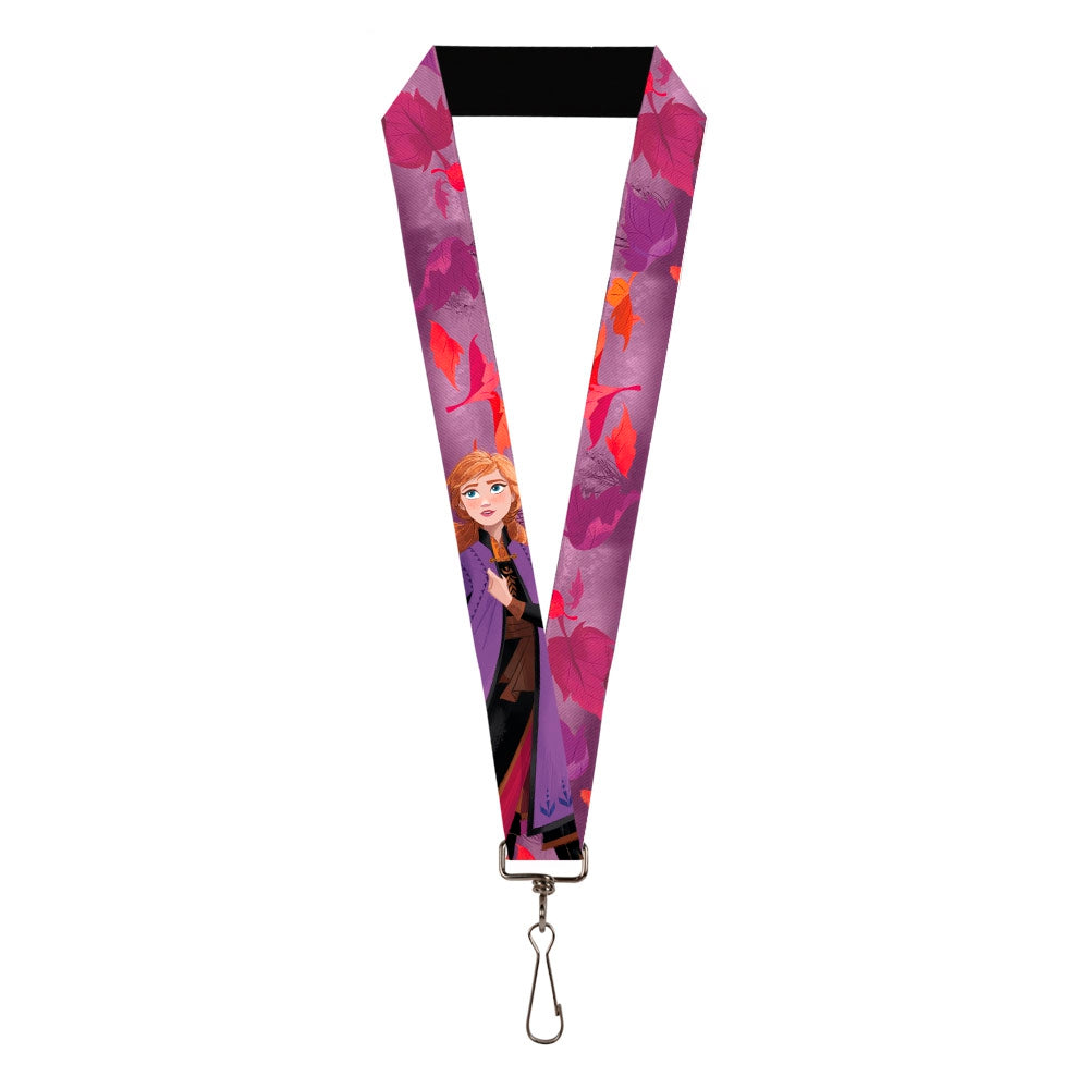 Lanyard - 1.0" - Frozen II Anna Pose2 Fuchsia Swirling Leaves Purples Reds