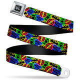 DC Round Logo Black/Silver Seatbelt Belt - Justice League Electric Logos Stacked Black/Multi Neon Webbing