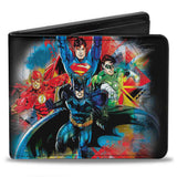 Bi-Fold Wallet - Justice League 4-Superhero Group Pose Splatter + Logo Black Gray Red Multi Color