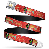 Disney Princess Crown Full Color Golds Seatbelt Belt - Mulan Gazebo Pose with Flowers and Script Red/Golds Webbing