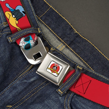 Looney Tunes Logo Full Color White Seatbelt Belt - Bugs Bunny & Daffy Duck Hip Hop Expression Red Webbing