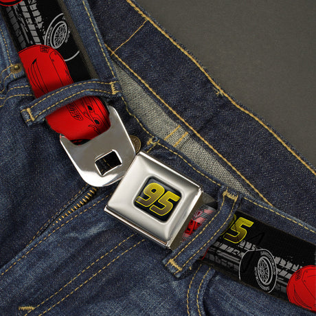 Cars 95 Full Color Black Yellow-Fade Seatbelt Belt - Lightning McQueen Poses/95/Tread Black/Gray/Yellow/Red Webbing