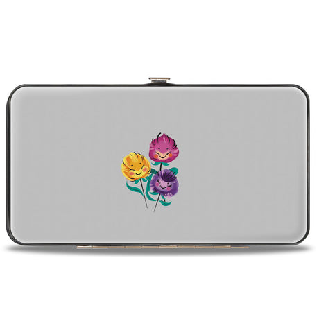 Hinged Wallet - Alice Pose Cheshire Cat Face Flowers of Wonderland + Flower Trio Gray Multi Color