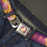 Tangled Lights Full Color Light Purple Gold Seatbelt Belt - Rapunzel 4-Tangled Poses/Pascal/Lights Light Purples Webbing