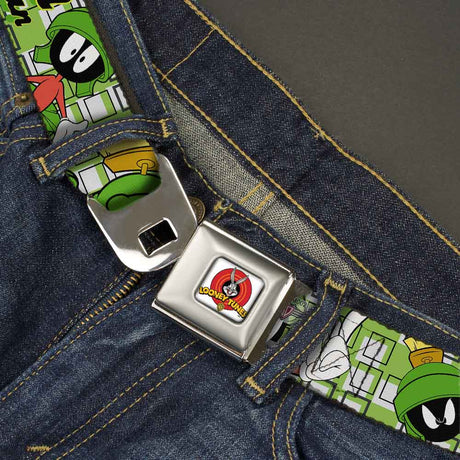 Looney Tunes Logo Full Color White Seatbelt Belt - MARVIN THE MARTIAN w/Poses White/Green Webbing