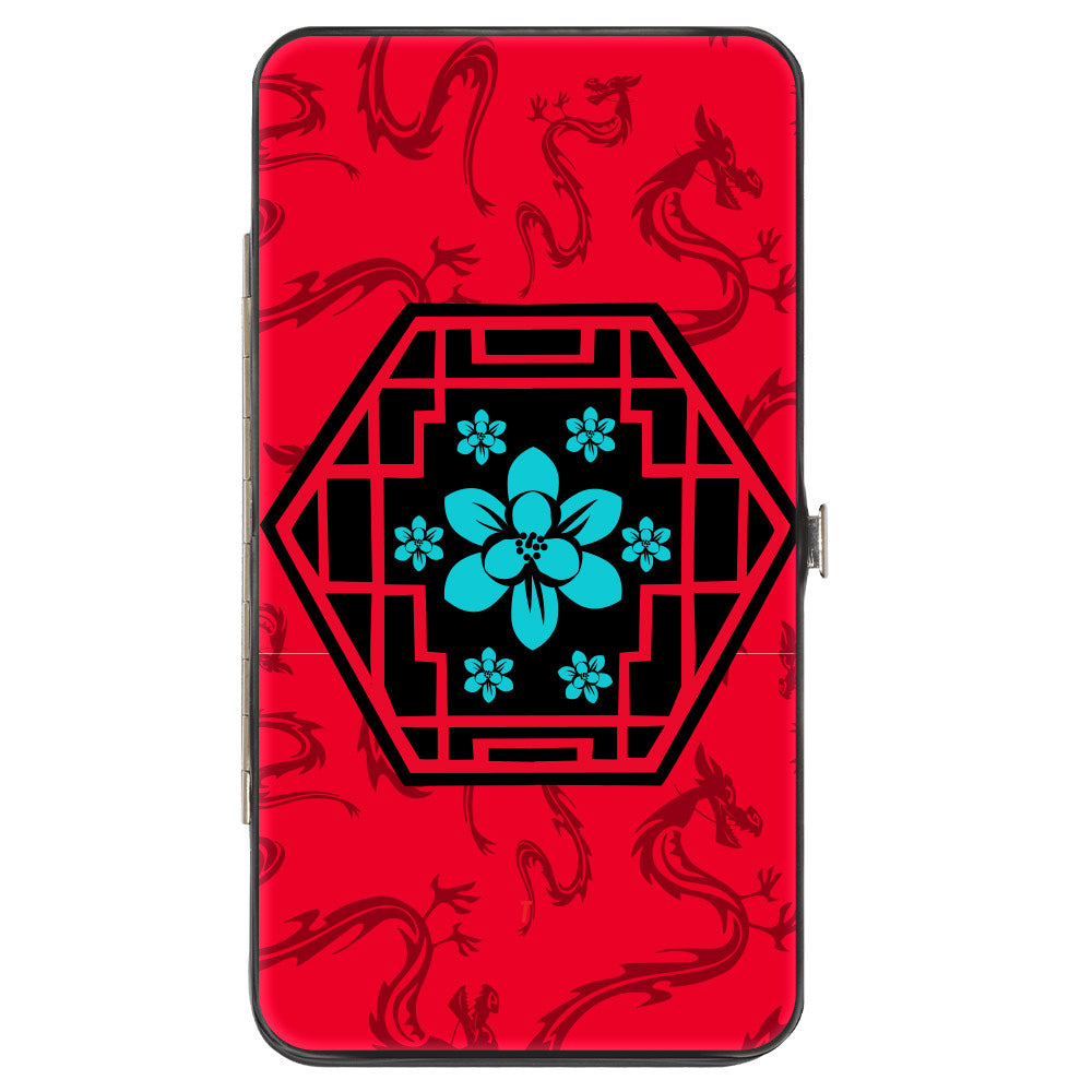 Hinged Wallet - Mulan Flower Lattice Mushu Icons Scattered Reds Black Blue