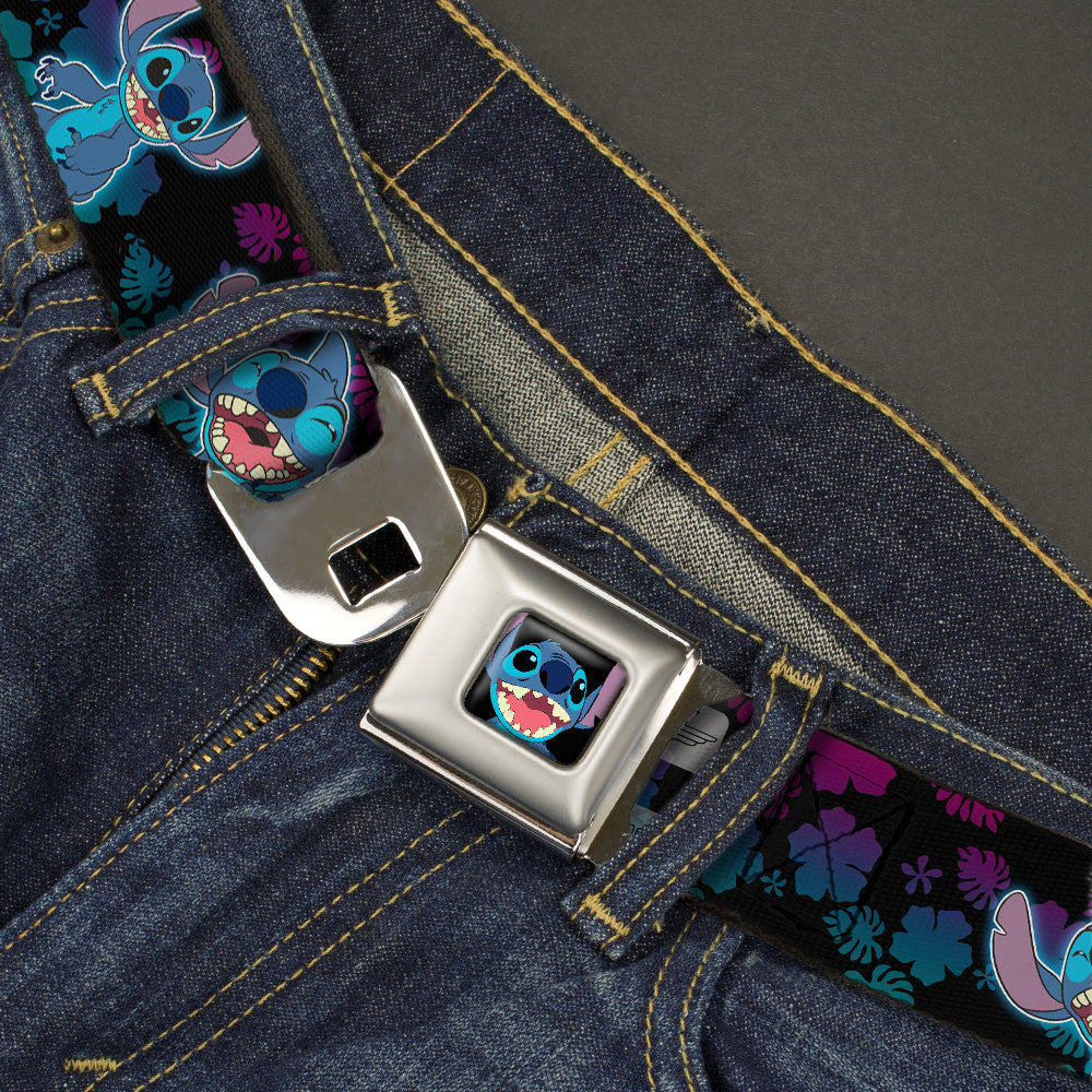 Stitch Smiling CLOSE-UP Full Color Black Seatbelt Belt - Stitch 2-Expressions/2-Poses Tropical Flora Black/Purple-Blue Fade Webbing