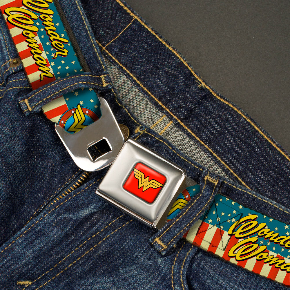 Wonder Woman Logo Full Color Red Seatbelt Belt - WONDER WOMAN/Logo Americana Red/White/Blue/Yellow Webbing