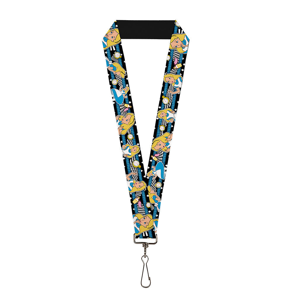 Lanyard - 1.0" - Alice in Wonderland Poses Clock Bottle Diamond Stripe Black White Blues