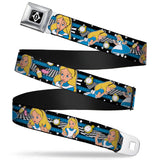 Alice Keyhole Full Color Black White Seatbelt Belt - Alice in Wonderland Poses/Clock/Bottle Diamond/Stripe Black/White/Blues Webbing