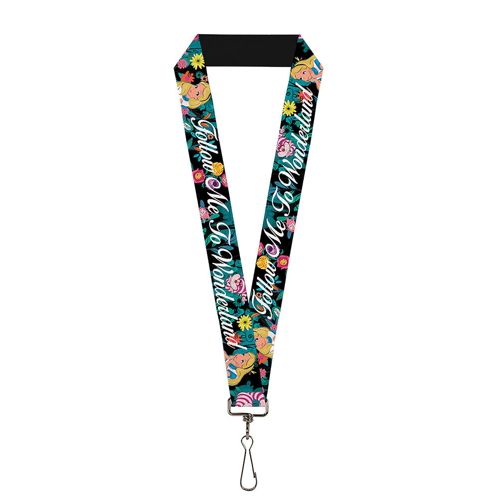 Lanyard - 1.0" - Alice Cheshire Cat Flowers Poses2 FOLLOW ME TO WONDERLAND Black Multi Color White