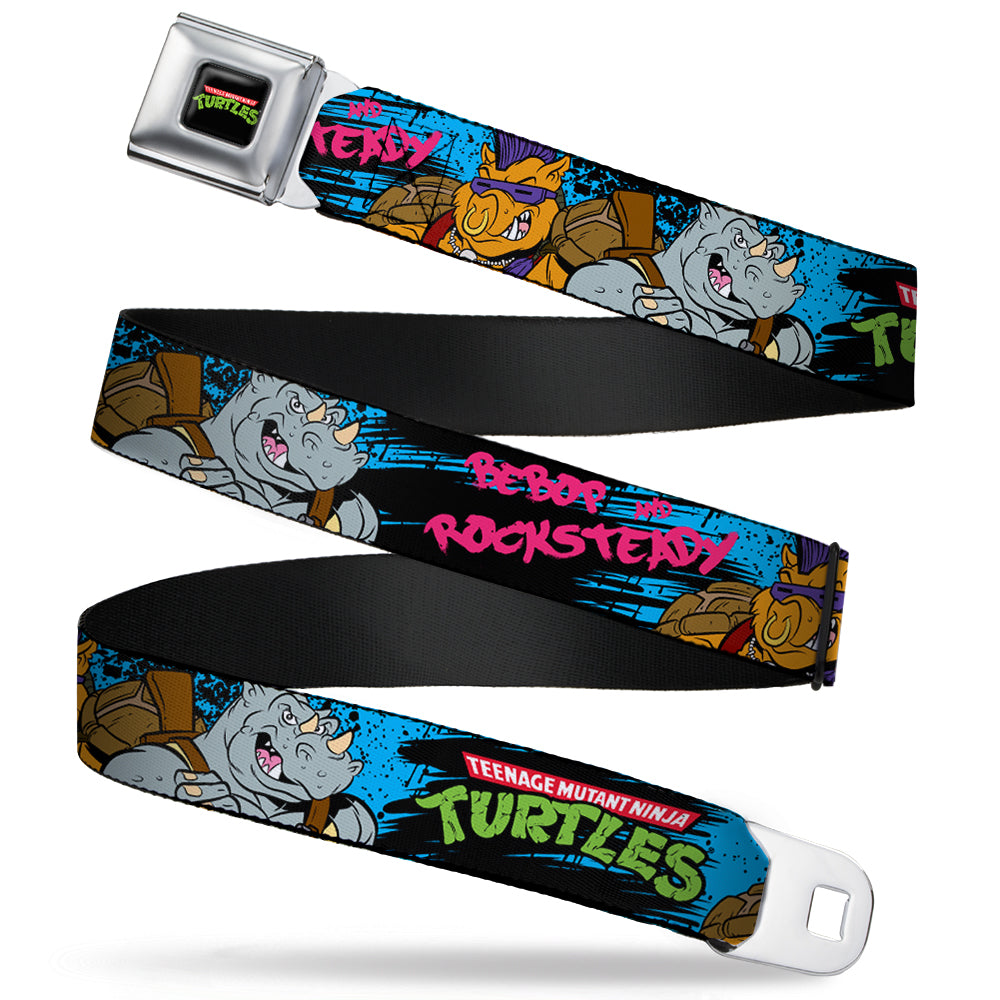 Classic TMNT Logo Full Color Seatbelt Belt - TMNT BEBOP AND ROCKSTEADY Back-to-Back Pose Splatter Blue/Black/Pink Webbing