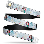 Disney Princess Crown Full Color Golds Seatbelt Belt - The Little Mermaid Ariel Castle Pose with Sea Life and Script Blues Webbing