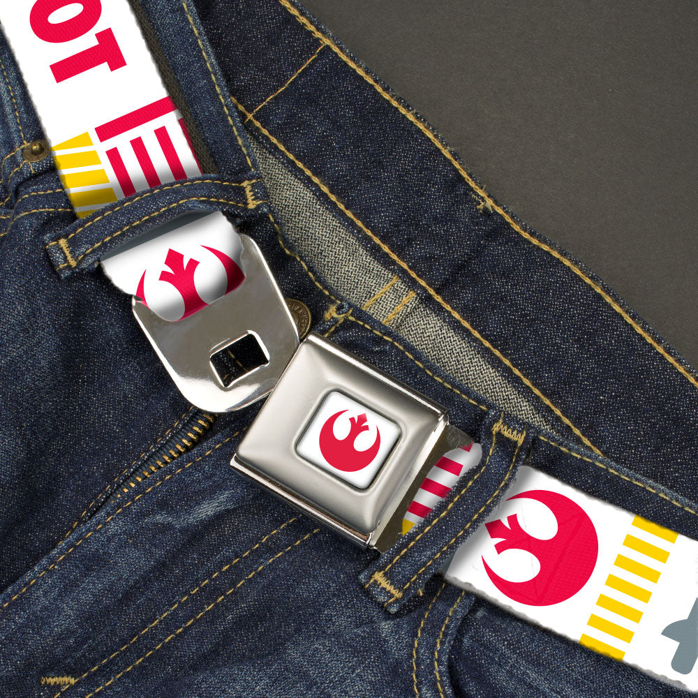 Star Wars Rebel Alliance Insignia Full Color White/Red Seatbelt Belt - Star Wars REBEL PILOT Rebel Alliance Insignia/Lightsaber/X-Wing Fighter White/Red/Yellow/Gray Webbing