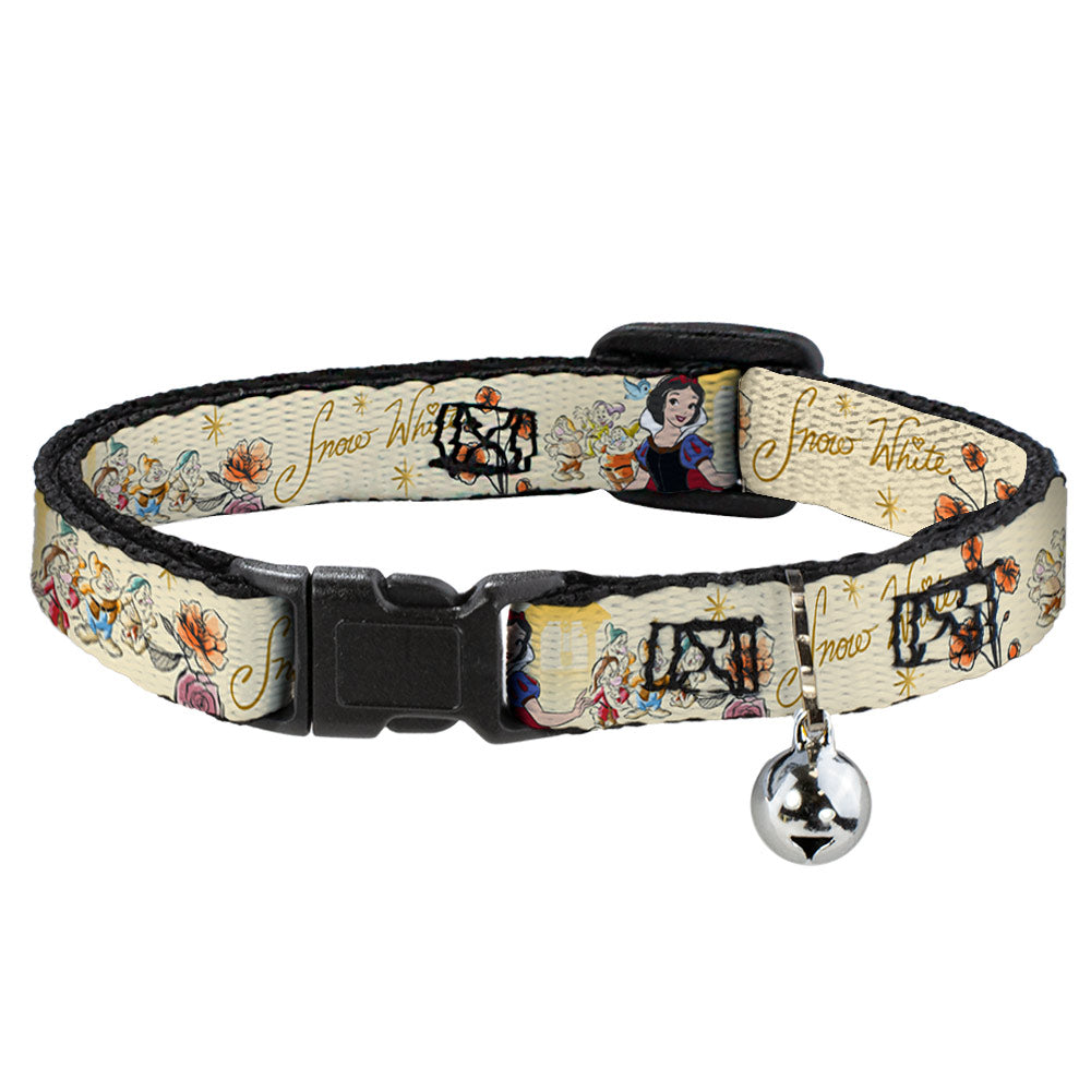 Cat Collar Breakaway with Bell - Snow White and the Seven Dwarfs with Script and Flowers Yellows - NARROW Fits 8.5-12"