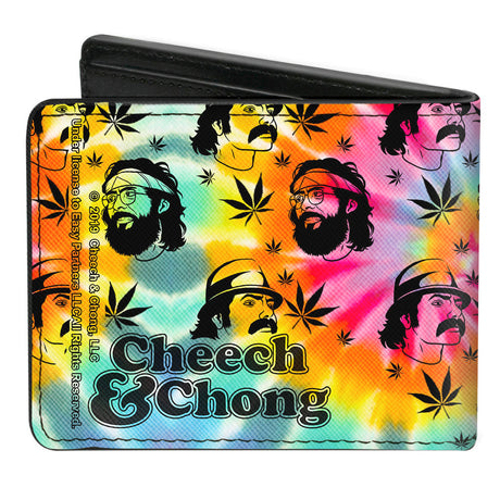 Bi-Fold Wallet - CHEECH & CHONG Caricature Faces Pot Leaves Scattered Tie Dye Multi Color Black