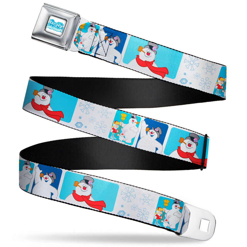 FROSTY THE SNOWMAN Logo Full Color White/Blues Seatbelt Belt - Frosty the Snowman Pose Blocks and Snowflakes White/Blue Webbing