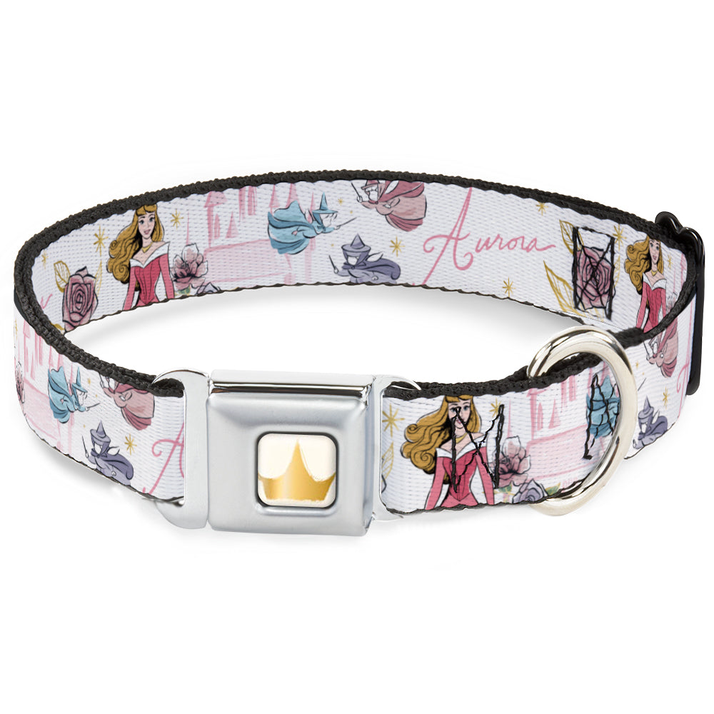 Disney Princess Crown Full Color Golds Seatbelt Buckle Collar - Sleeping Beauty Aurora Castle and Fairy Godmothers Pose with Script and Flowers White/Pinks