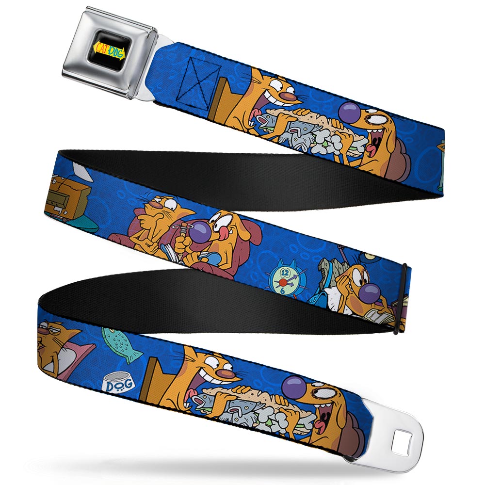 CAT DOG Logo Full Color Black/Yellow/Red/Blue Seatbelt Belt - CatDog Hanging Out Poses Blue Webbing