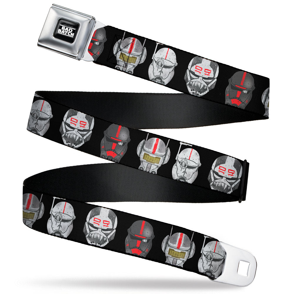 Star Wars THE BAD BATCH Logo Full Color Black/White Seatbelt Belt - Star Wars THE BAD BATCH Clone Force 99 Helmets Black/Grays/Red Webbing