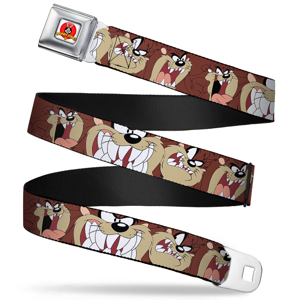 Looney Tunes Logo Full Color White Seatbelt Belt - Tasmanian Devil Expressions Brown Webbing