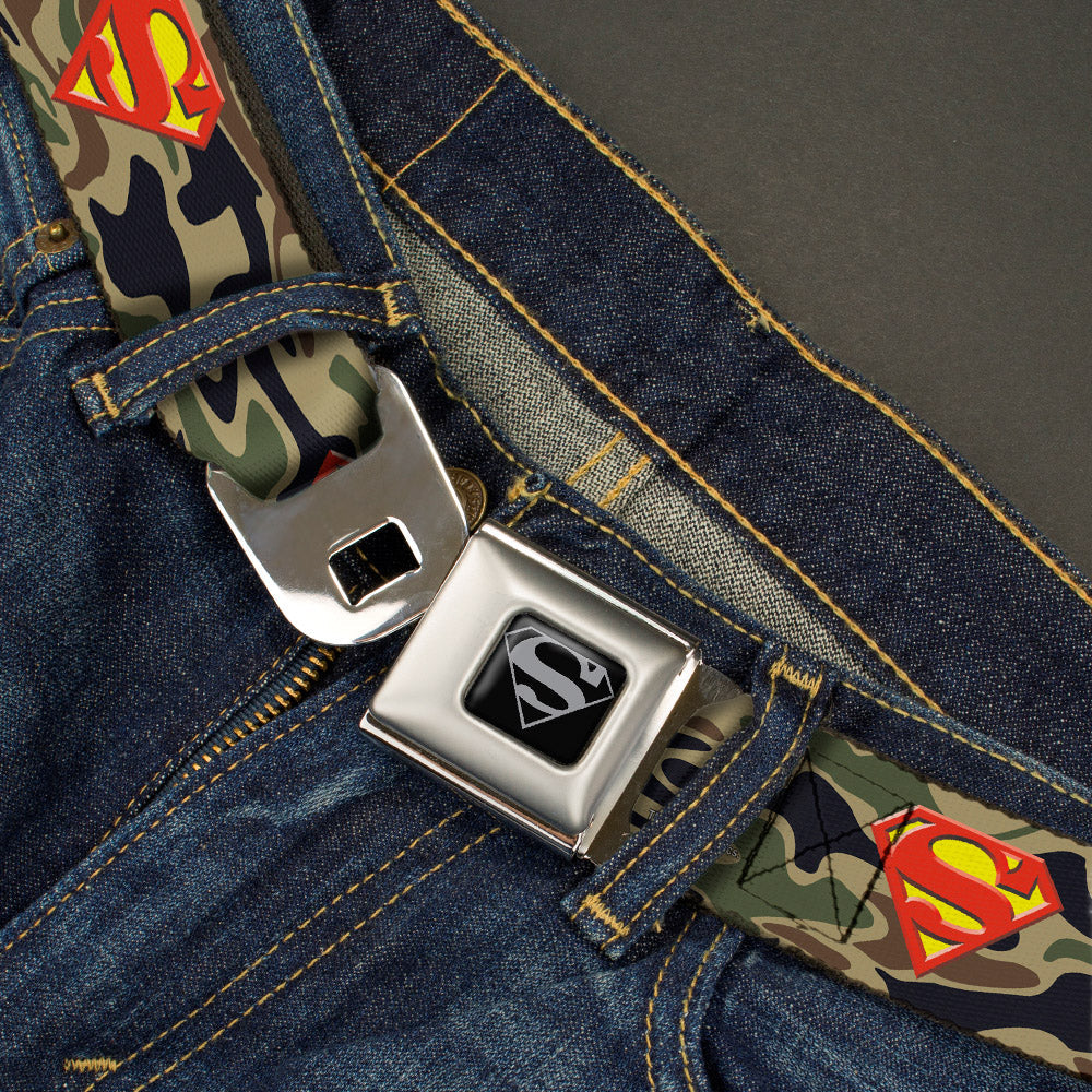 Superman Black Silver Seatbelt Belt - Superman Shield Camo Olive Webbing