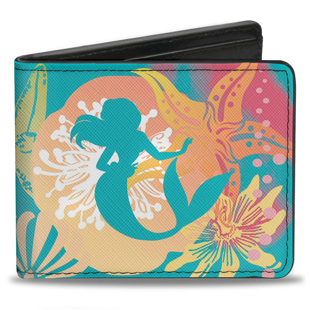 Bi-Fold Wallet - Ariel Pose Silhouette Shells & Sea Flowers Collage2 Aqua Blue Multi Color