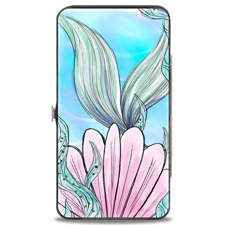 Hinged Wallet - The Little Mermaid Ariel Over Shoulder Sketch Pose + Tail Shells Kelp Blues Pinks