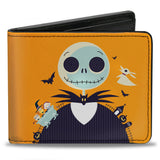 Bi-Fold Wallet - Nightmare Before Christmas Stylized Jack Cemetery Pose + Jack and Sally Spiral Hill Scene Ooogie Boogie Dice Pose Orange