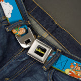 THE FLINTSTONES Logo Full Color Black Yellow Seatbelt Belt - The Flintstones and Rubbles Group Pose/Logo Blue Webbing