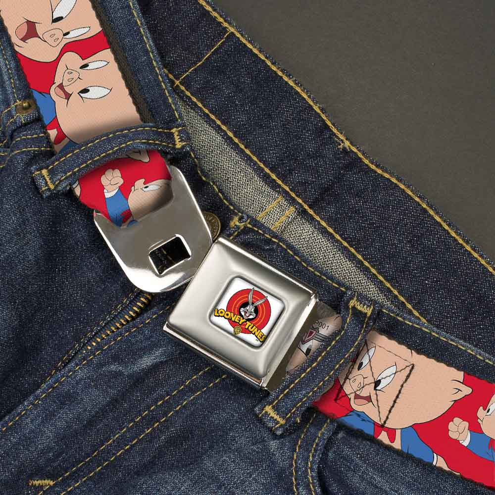 Looney Tunes Logo Full Color White Seatbelt Belt - Porky Pig Expressions Red Webbing