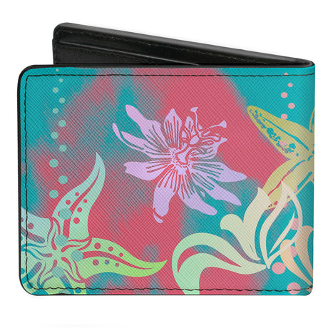 Bi-Fold Wallet - Ariel Pose Silhouette Shells & Sea Flowers Collage2 Aqua Blue Multi Color