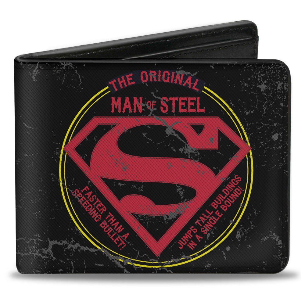 Bi-Fold Wallet - Superman THE ORIGINAL MAN OF STEEL Badge Weathered Black Red Yellow