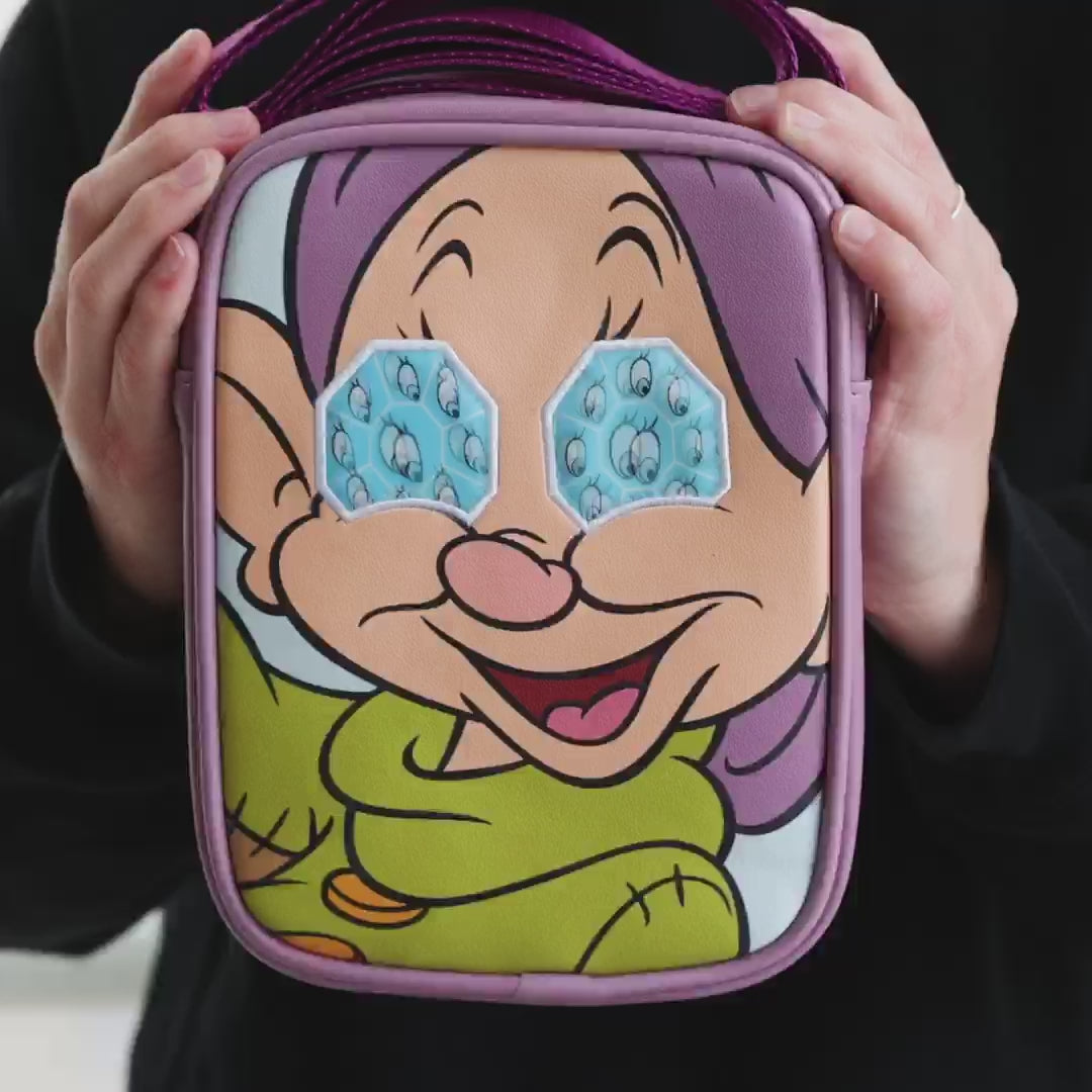 Load video: Disney Snow White and the Seven Dwarfs Dopey Cosplay Crossbody Bag w/ Lenticular Eyes